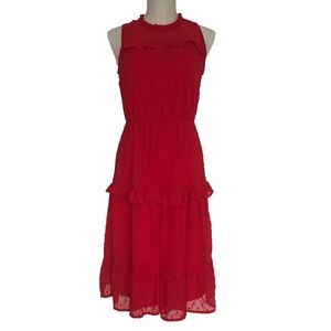 Monteau Los Angeles red lined midi dress with ruffles and elastic waistband